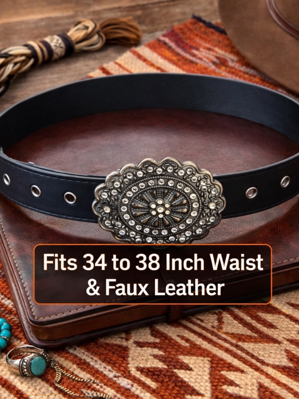 Black Faux Leather Western Belt with Decorative Concho Buckle